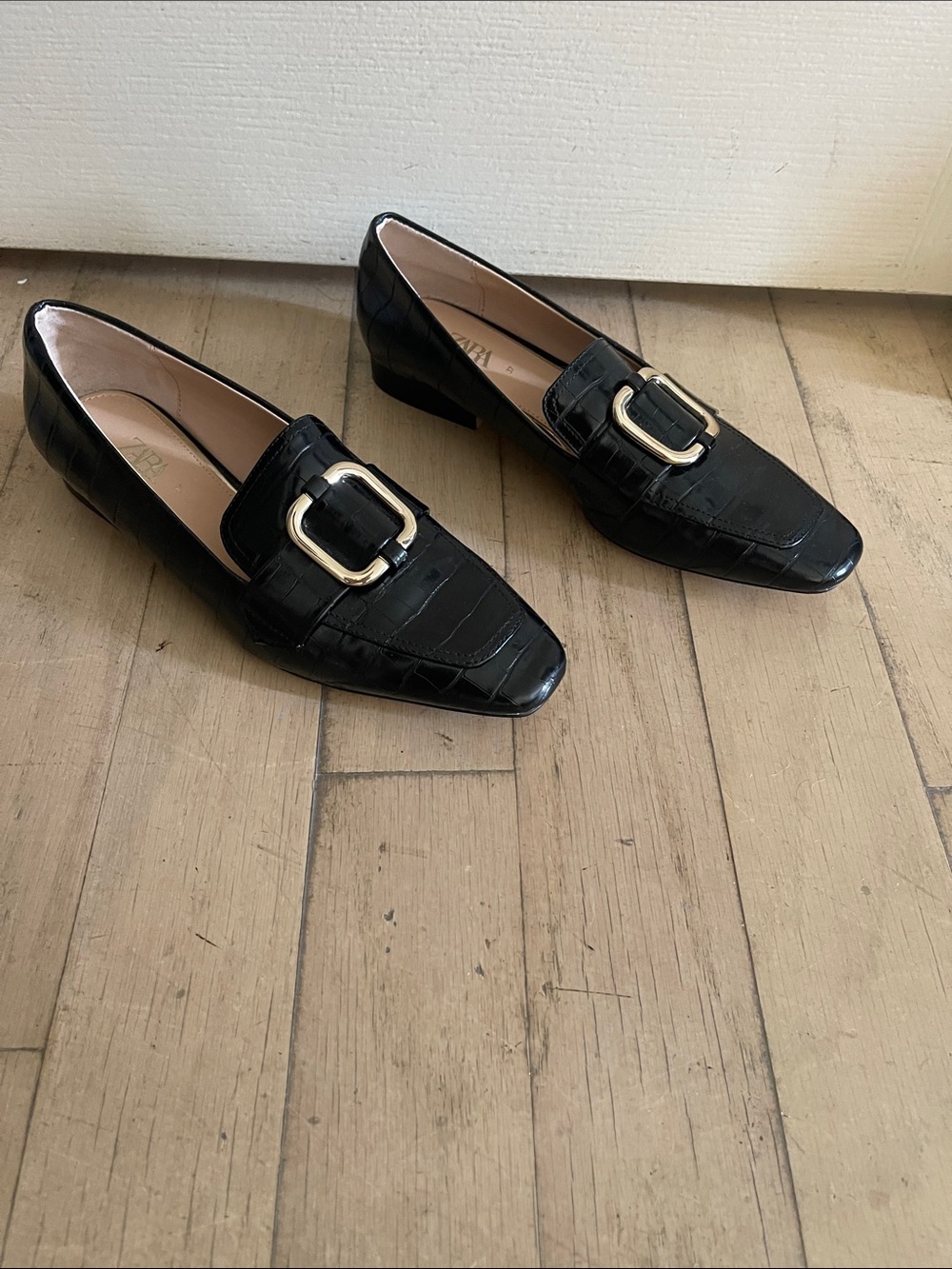 Zara Black -Embossed Loafers with Gold Buckle